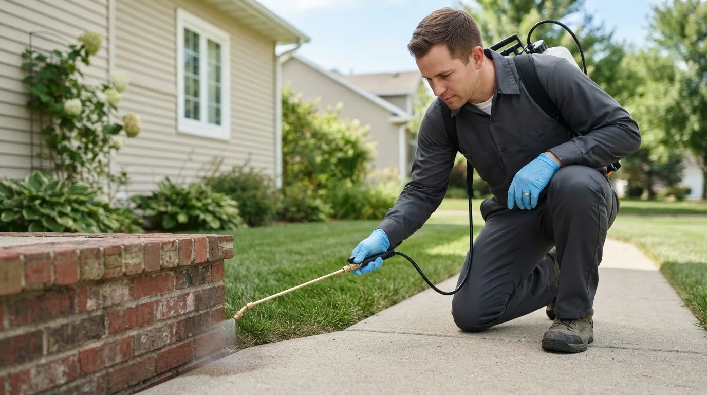 Pest control technician treating a home near Southborough, MA